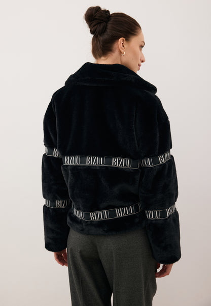 Black GREGORIA short faux fur coat with branded side stripes