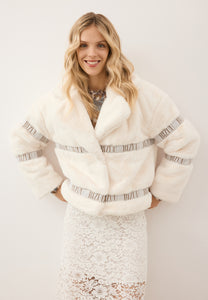 Cream GREGORIA short faux fur coat with branded side stripes