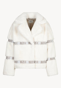 Cream GREGORIA short faux fur coat with branded side stripes
