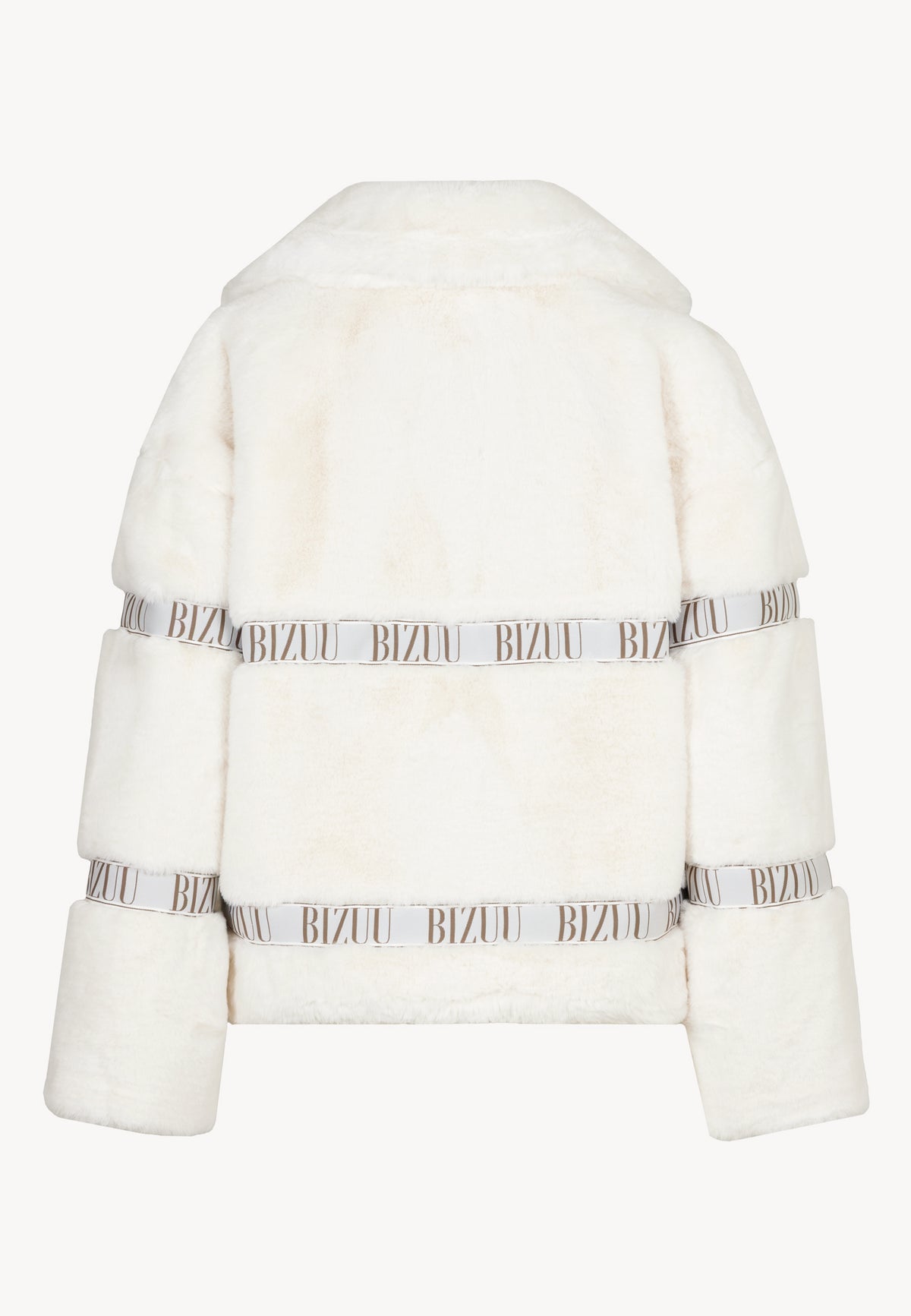 Back view of the boxy cream GREGORIA faux fur coat with logo detail.