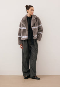 Taupe GREGORIA short faux fur coat with branded side stripes