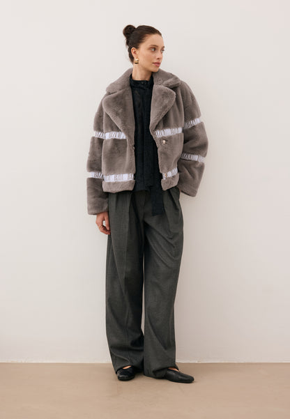 Taupe GREGORIA short faux fur coat with branded side stripes