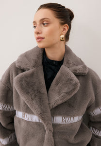 Taupe GREGORIA short faux fur coat with branded side stripes