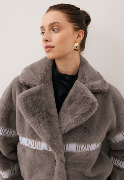 Taupe GREGORIA short faux fur coat with branded side stripes