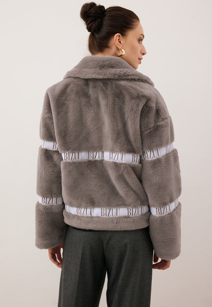 Taupe GREGORIA short faux fur coat with branded side stripes