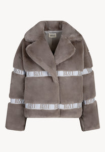 Taupe GREGORIA short faux fur coat with branded side stripes