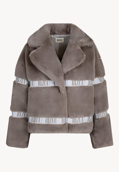 Taupe GREGORIA short faux fur coat with branded side stripes