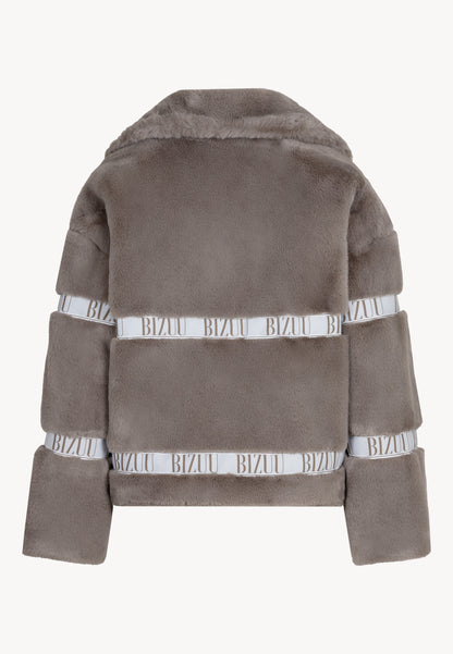 Taupe GREGORIA short faux fur coat with branded side stripes
