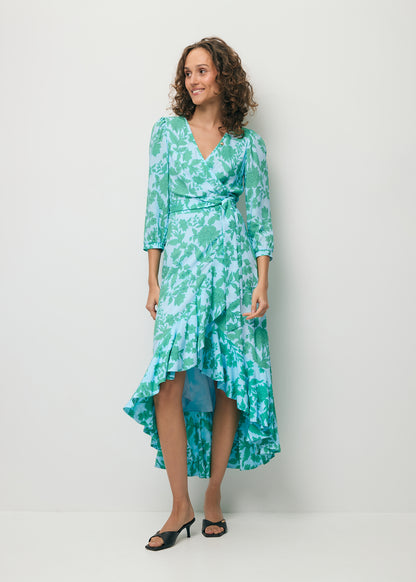 Blue tie-waist dress with ruffles HUELVA