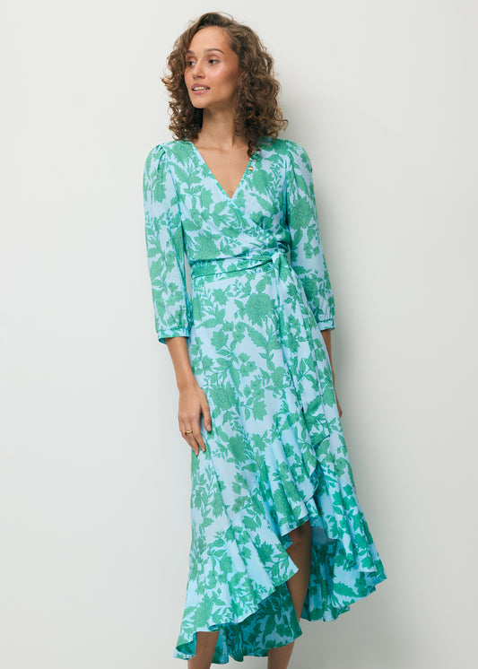 Blue tie-waist dress with ruffles HUELVA