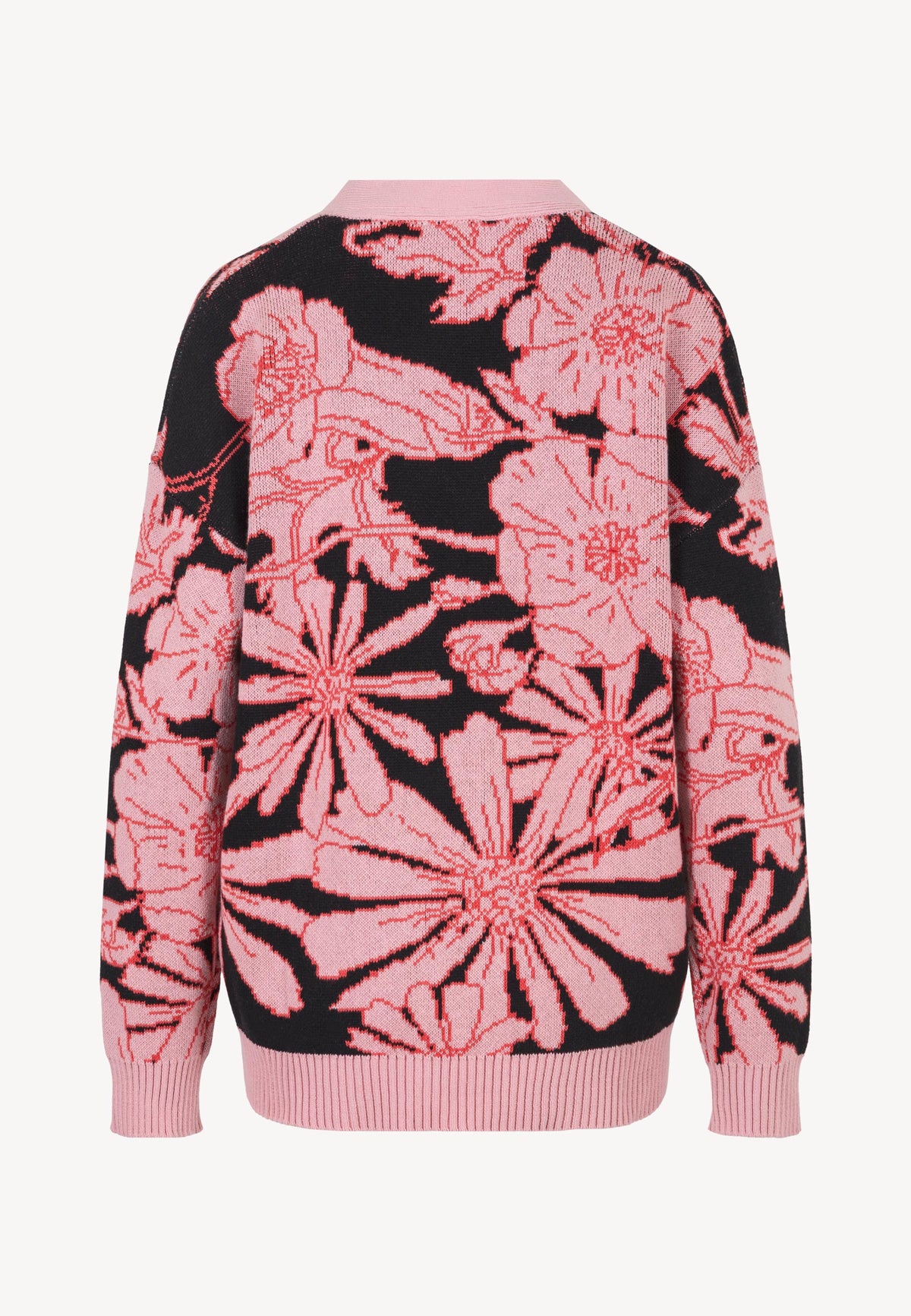 Back view of the open-front HYLES sweater with the original print.