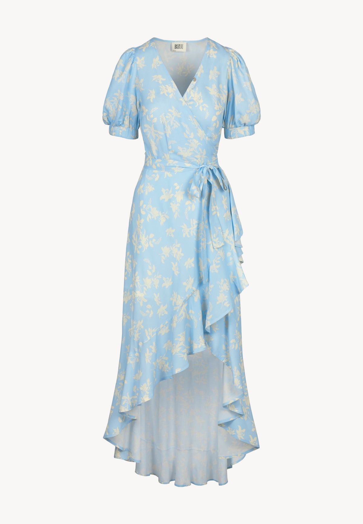 The front of the envelope dress in cream flowers on a blue background ISLAY, which is finished with a decorative ruffle.