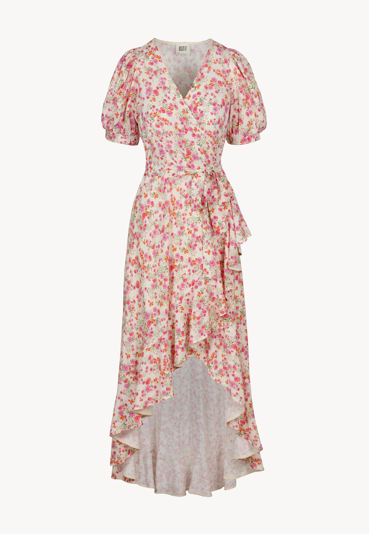 Front of envelope dress in floral print and short, buffeted sleeves ISLAY.
