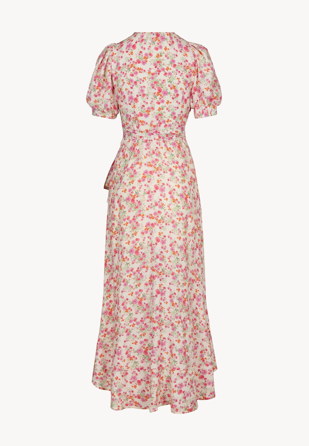 The back of an envelope dress in a floral print and short, bouffant sleeves ISLAY.