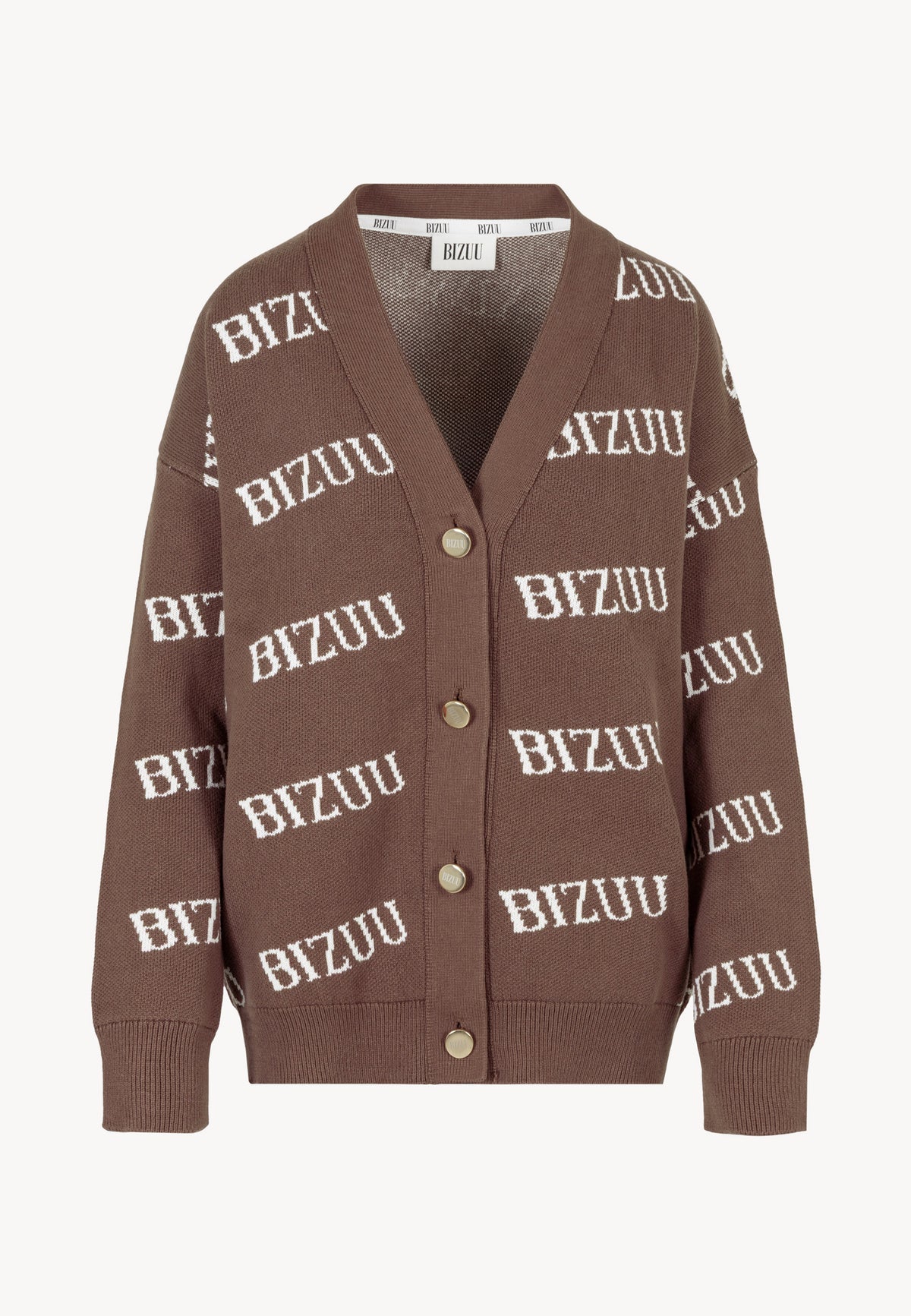 Brown KYLE button-up cardigan with a beige logo pattern.