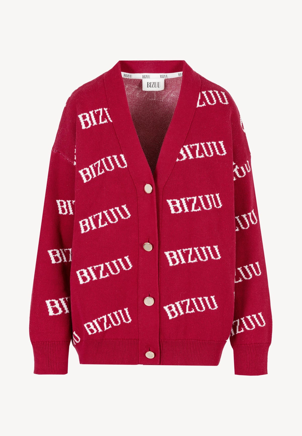 Burgundy KYLE cardigan with logo detailing, fastened with golden buttons.