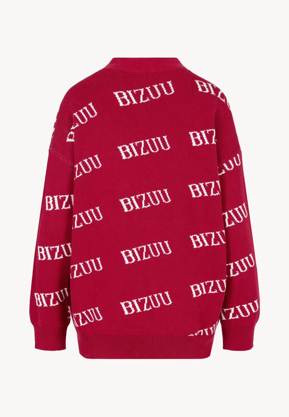 Back view of the burgundy KYLE sweater featuring the BIZUU logo pattern.
