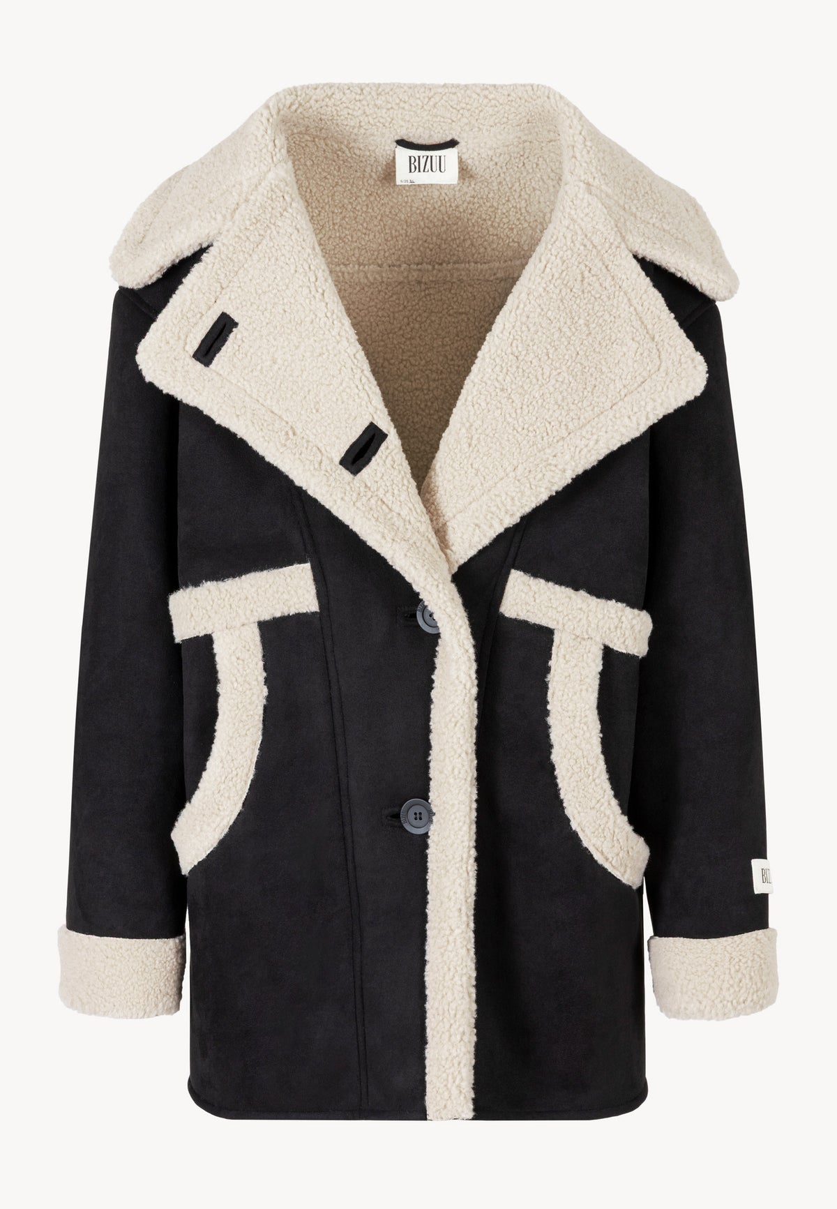 Front view of the black LAFARA shearling jacket with a turned-down collar and cuffs.