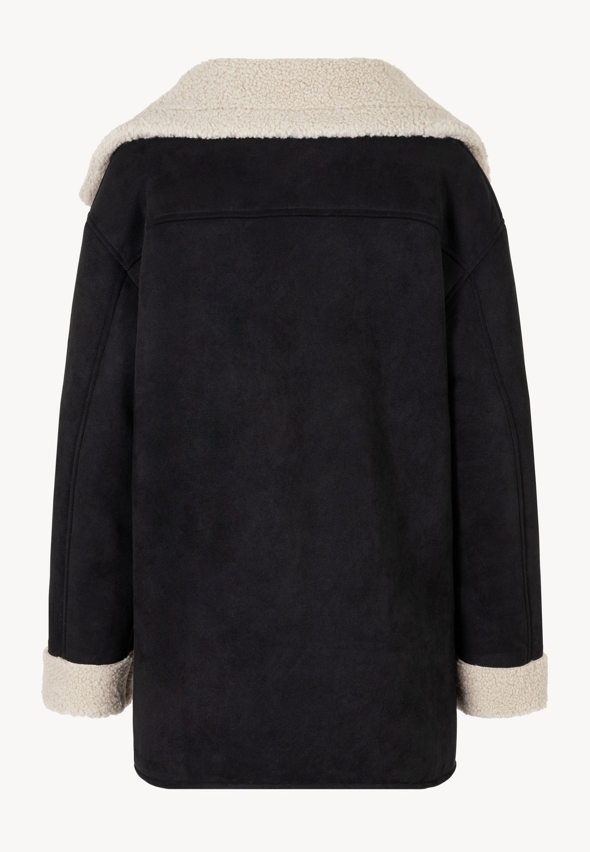 Back view of the black LAFARA shearling jacket with a turned-down collar.