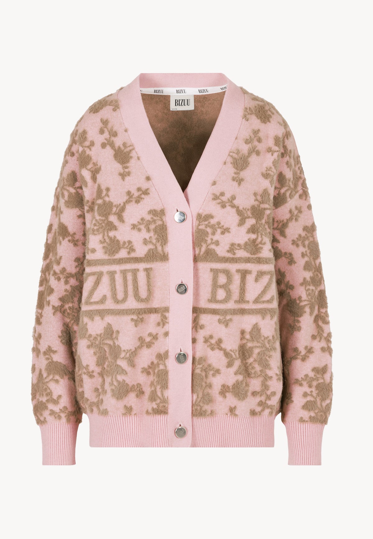 Front view of the pink LANZAR cardigan with 3D floral appliqué and gold branded buttons.