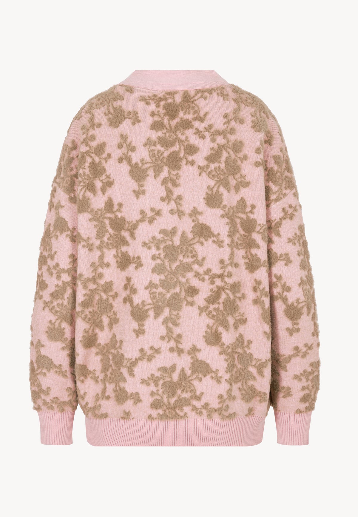 Back view of the LANZAR cardigan with 3D floral appliqué.