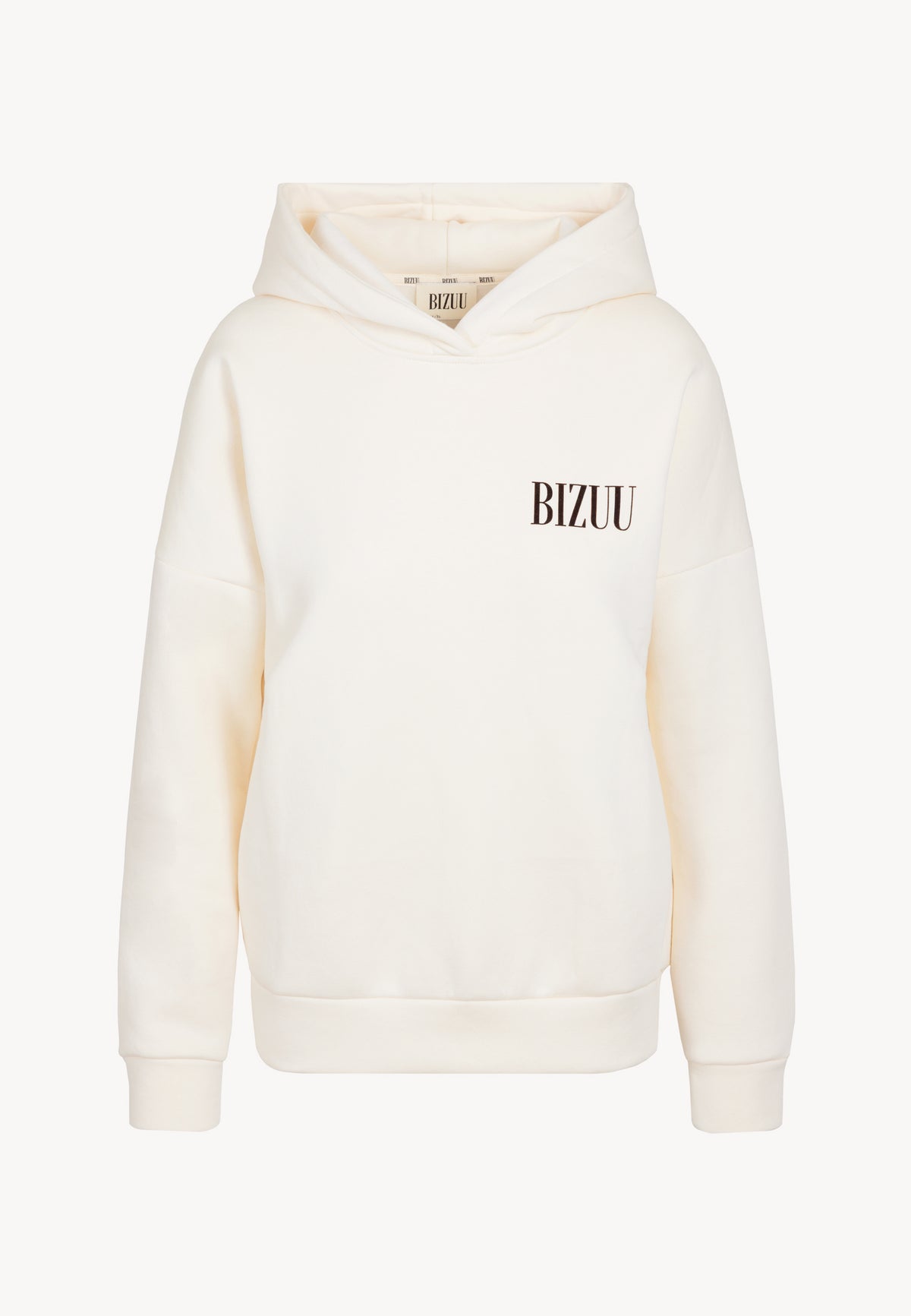 Front of cream hooded sweatshirt with logo on front of LINDI.