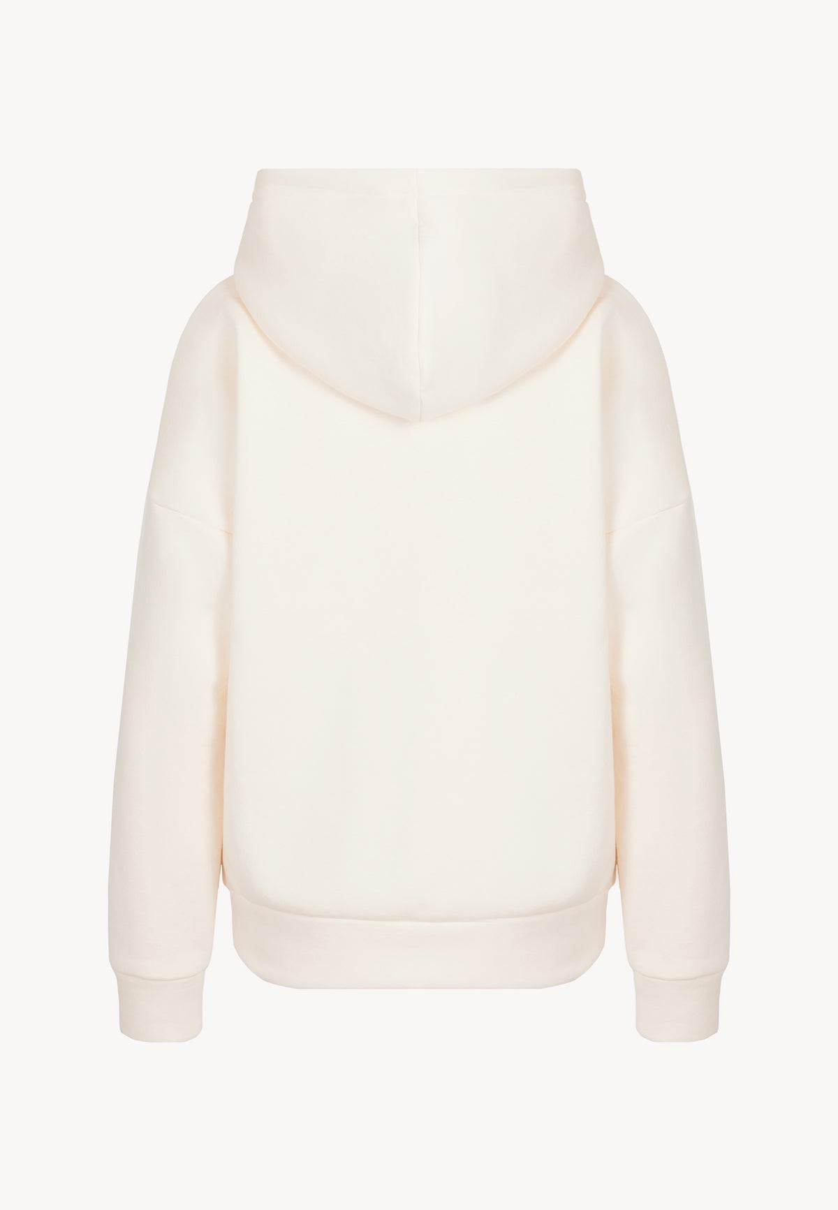 The back of a cream LINDI hoodie.