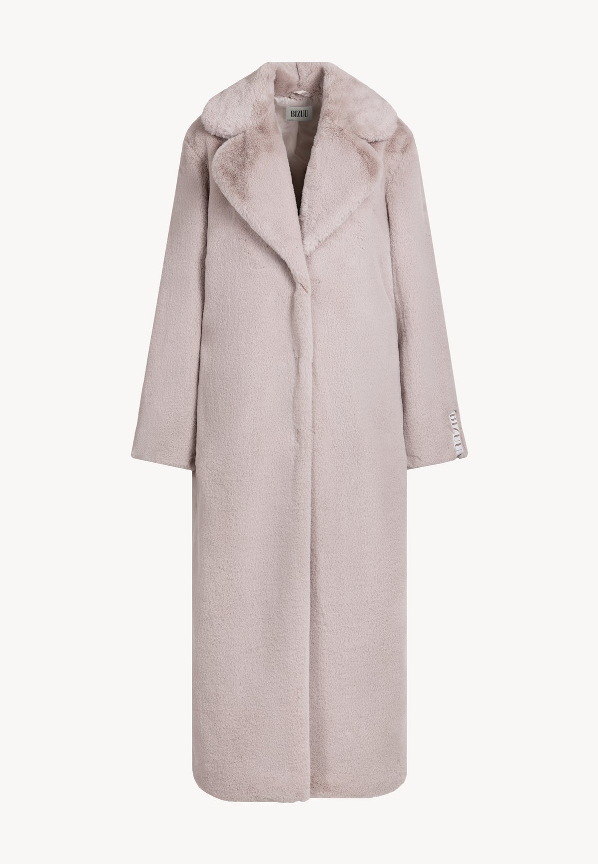 Front view of the beige LIVORNO fur coat with branded stripe on the back and a logo on the sleeve.