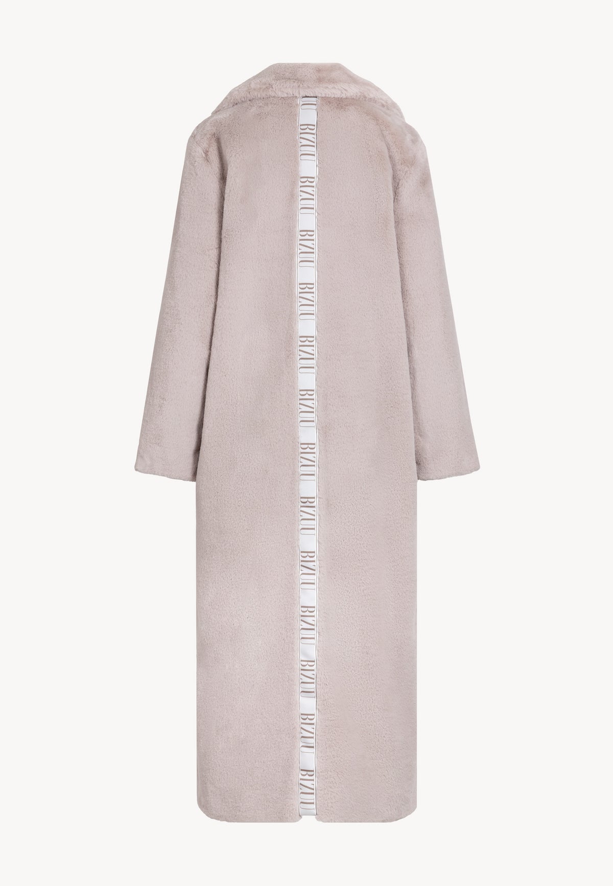 Back view of the long beige LIVORNO fur coat with branded stripe on the back.