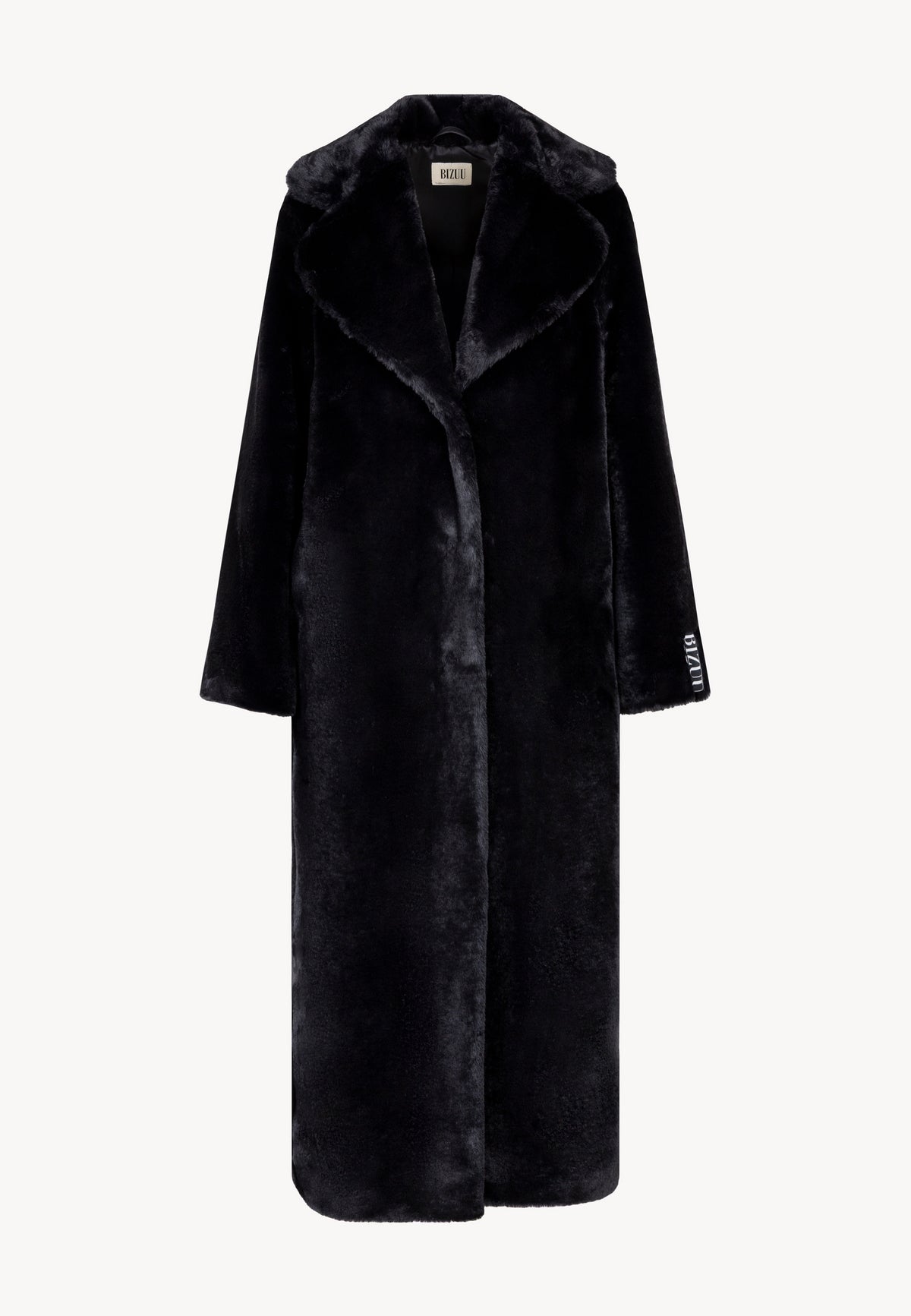 Long black LIVORNO fur coat with branding on the back and sleeve.