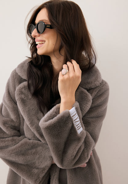 Taupe LIVORNO faux fur coat with logo tape on the back