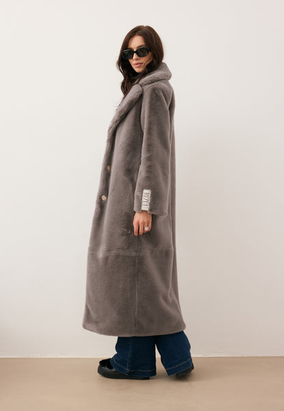 Taupe LIVORNO faux fur coat with logo tape on the back