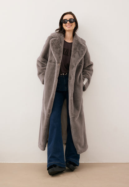 Taupe LIVORNO faux fur coat with logo tape on the back