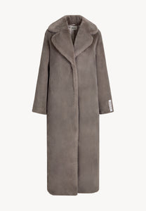Taupe LIVORNO faux fur coat with logo tape on the back
