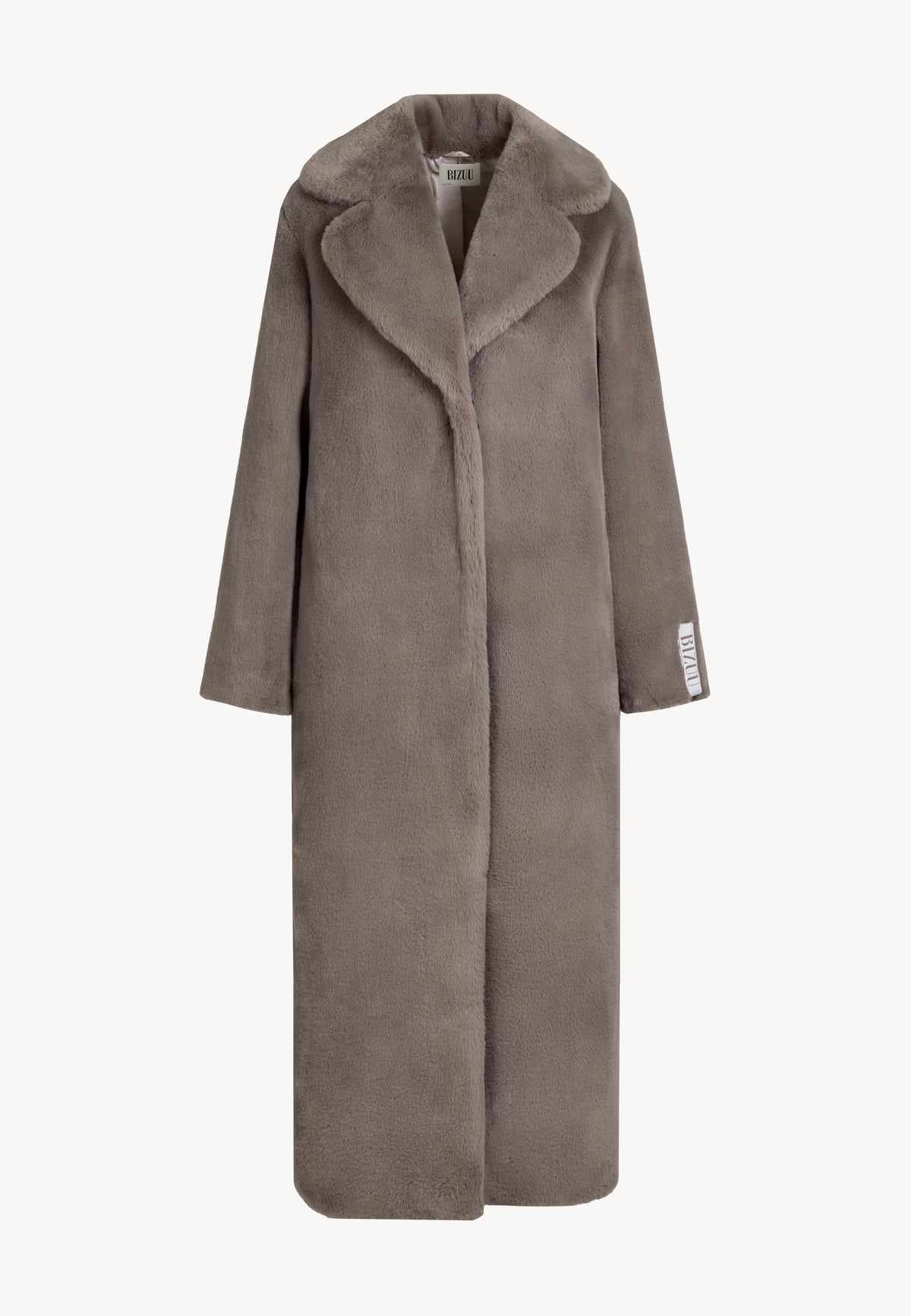 Long taupe LIVORNO faux fur coat with logo detail on the sleeve.
