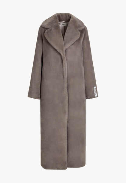 Taupe LIVORNO faux fur coat with logo tape on the back