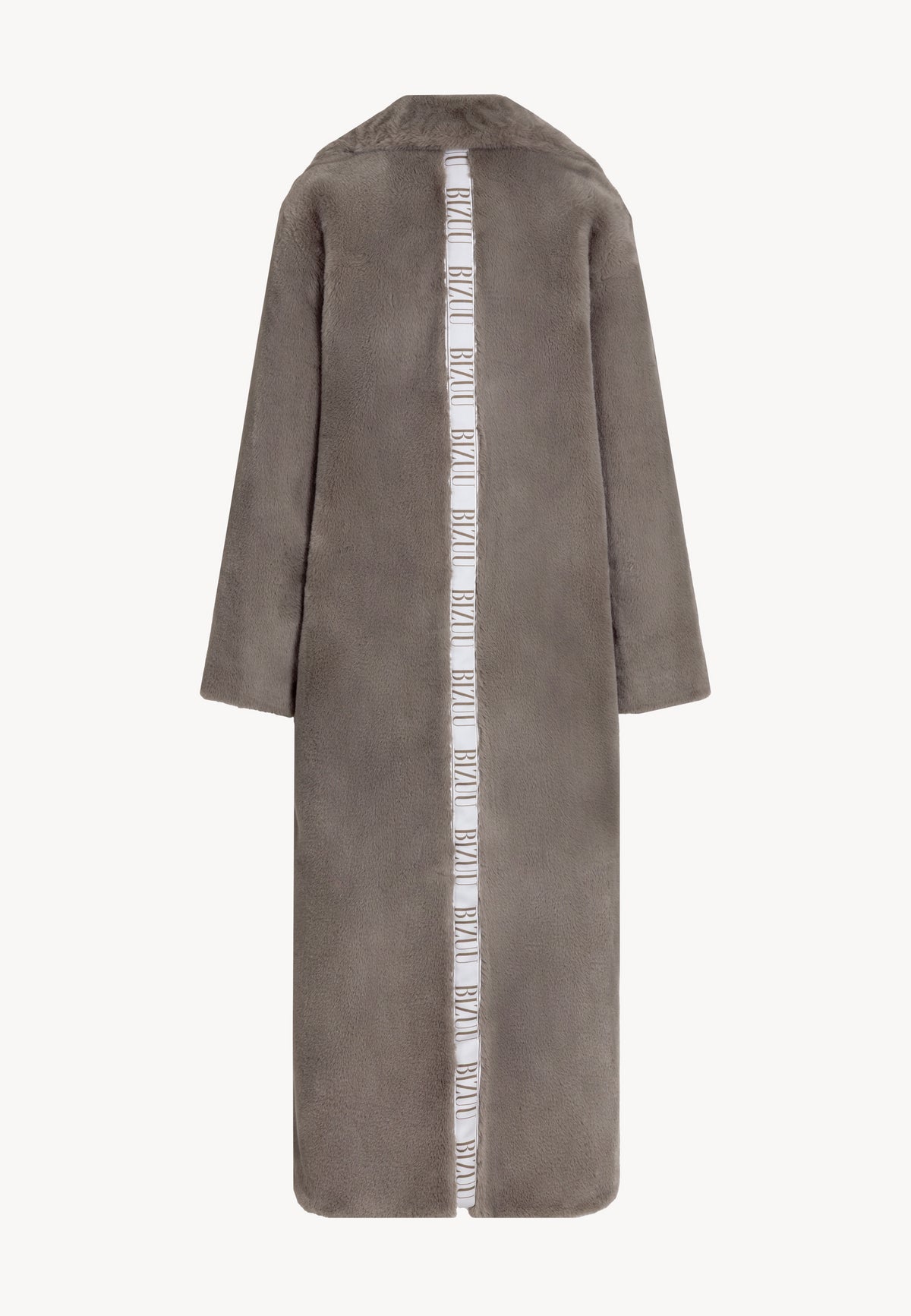 Back view of the LIVORNO faux fur coat with logo tape on the back.