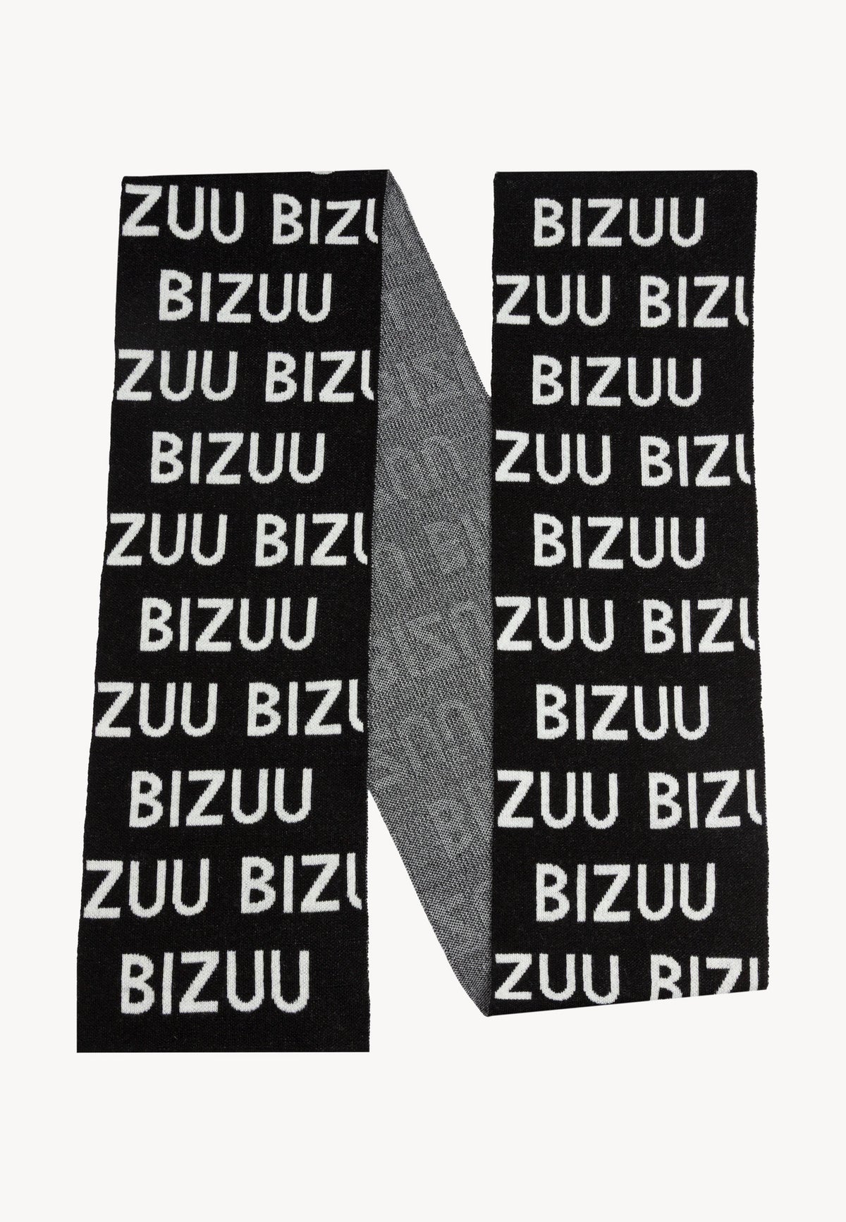 Black LOGGU scarf with BIZUU logo pattern.