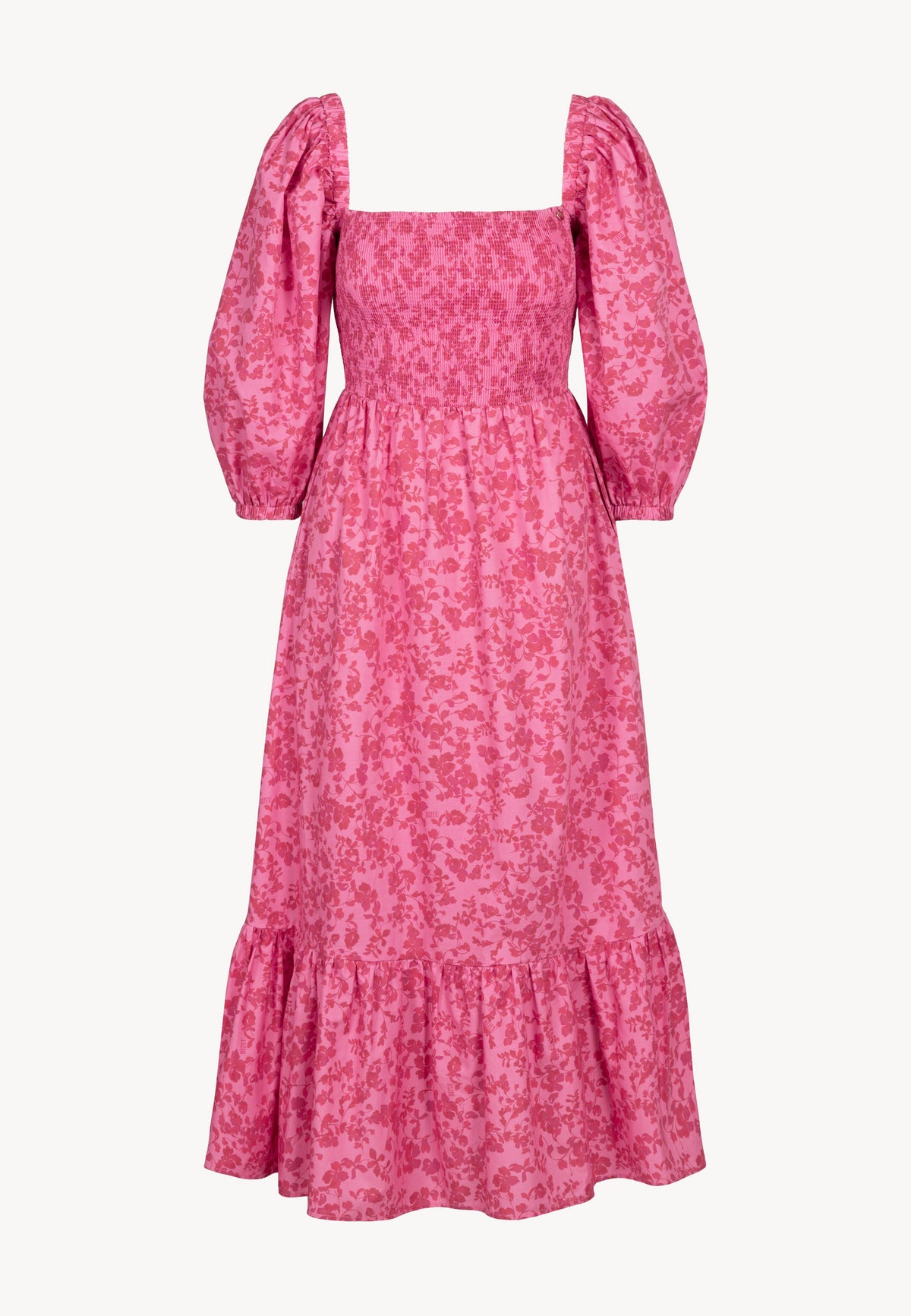The front of the floral LUMIA dress with buffeted elbow-length sleeves.