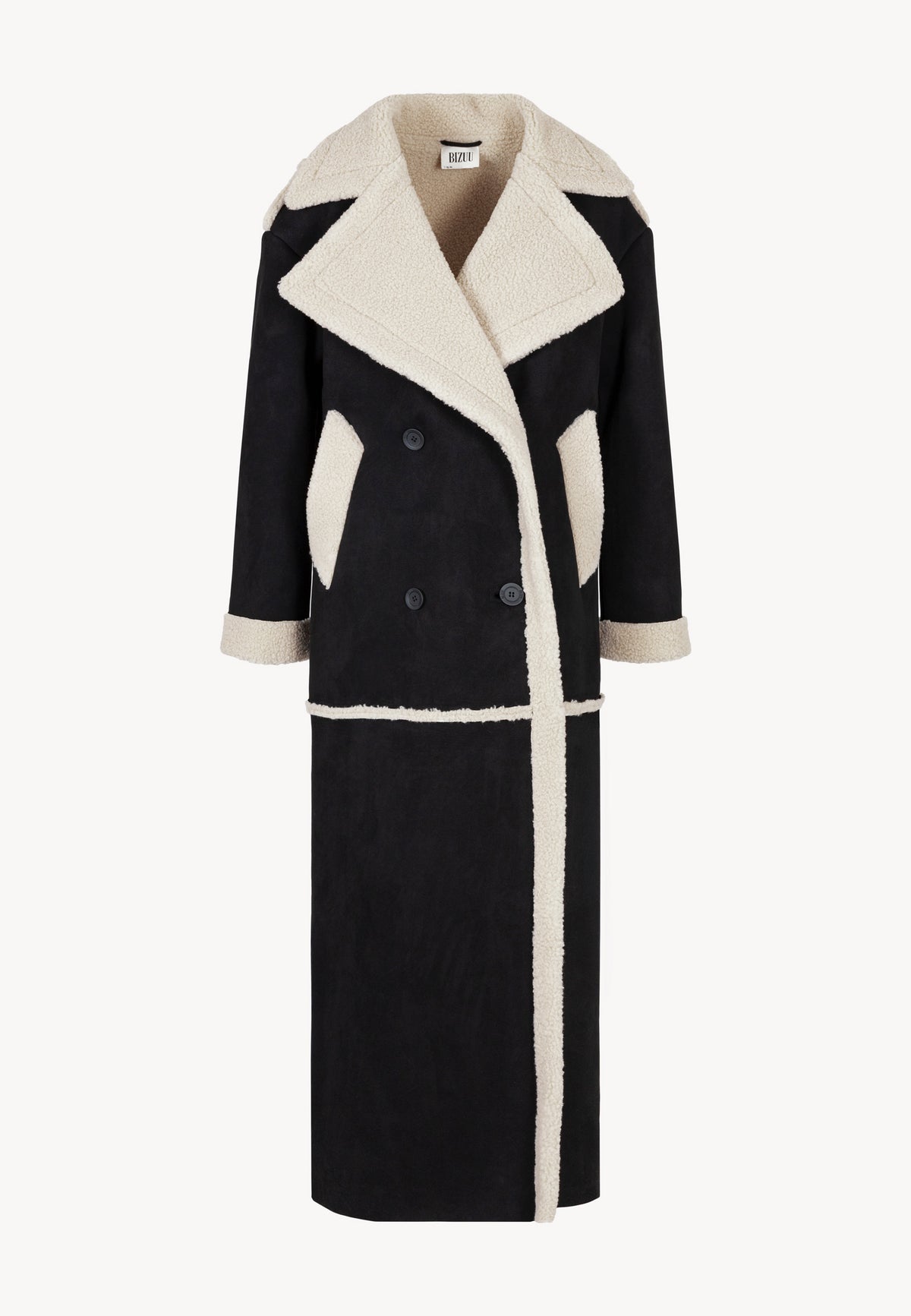 Black oversized MAFARA shearling coat with turned-down collar.