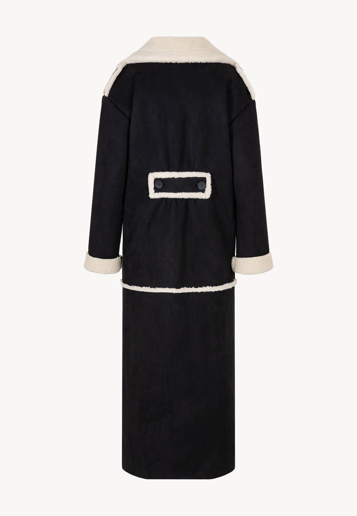 Back view of the long black MAFARA shearling coat.