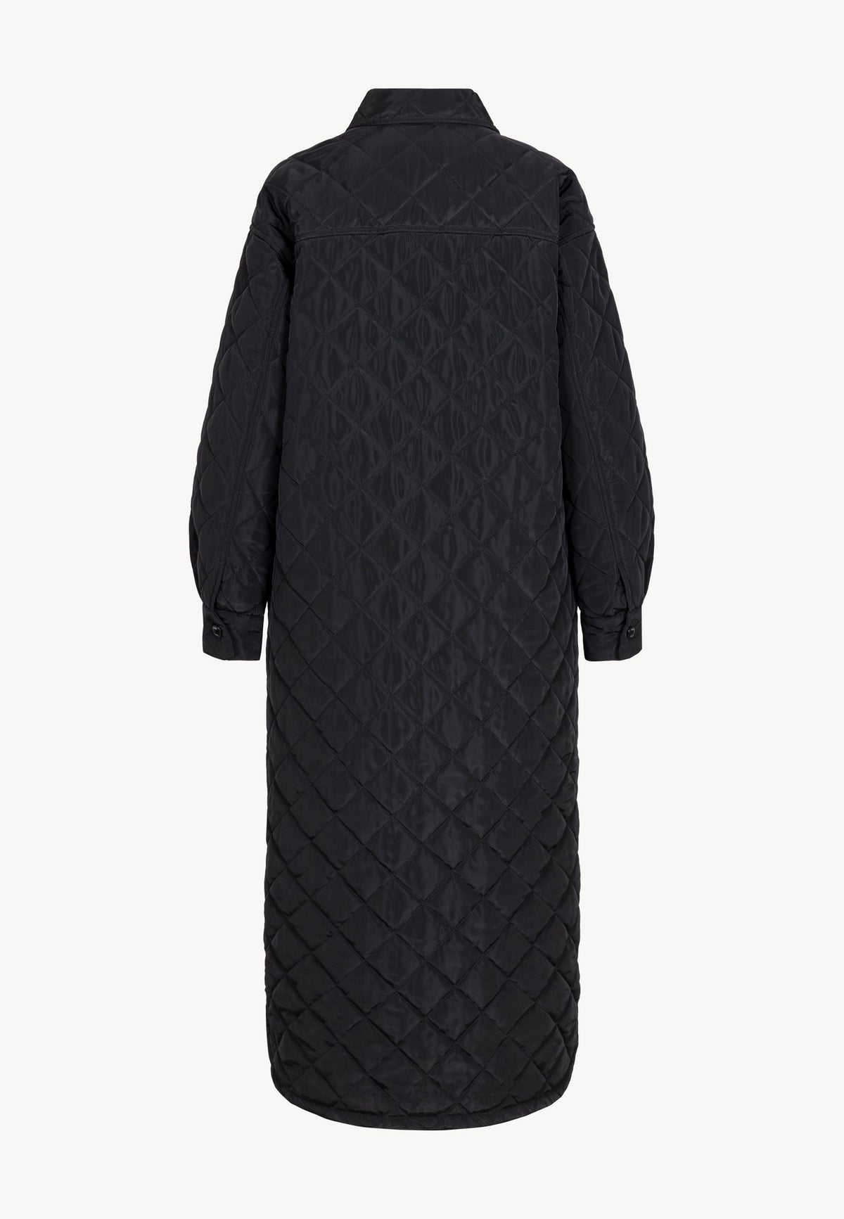 Back view of the black MAREVIA maxi quilted coat.