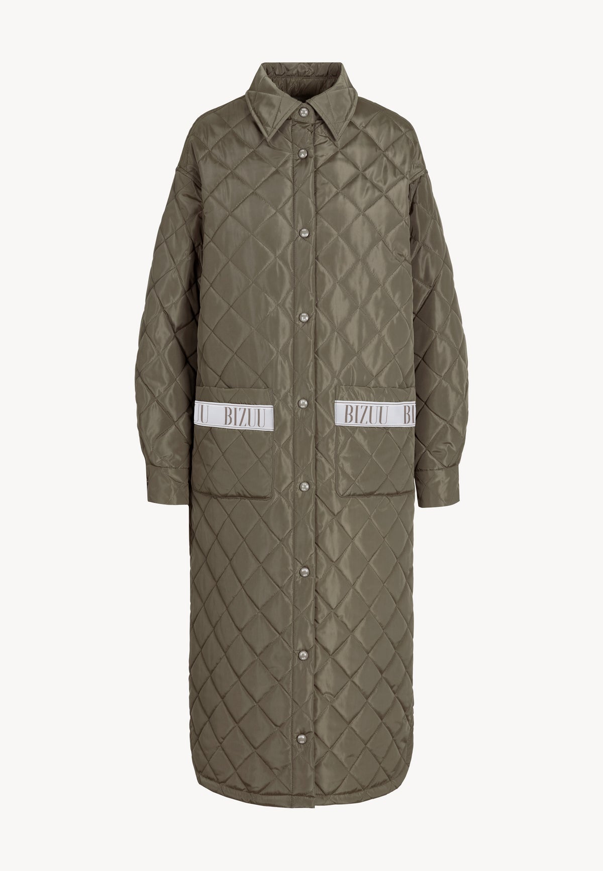 MAREVIA khaki maxi quilted coat with logo details on the pockets.