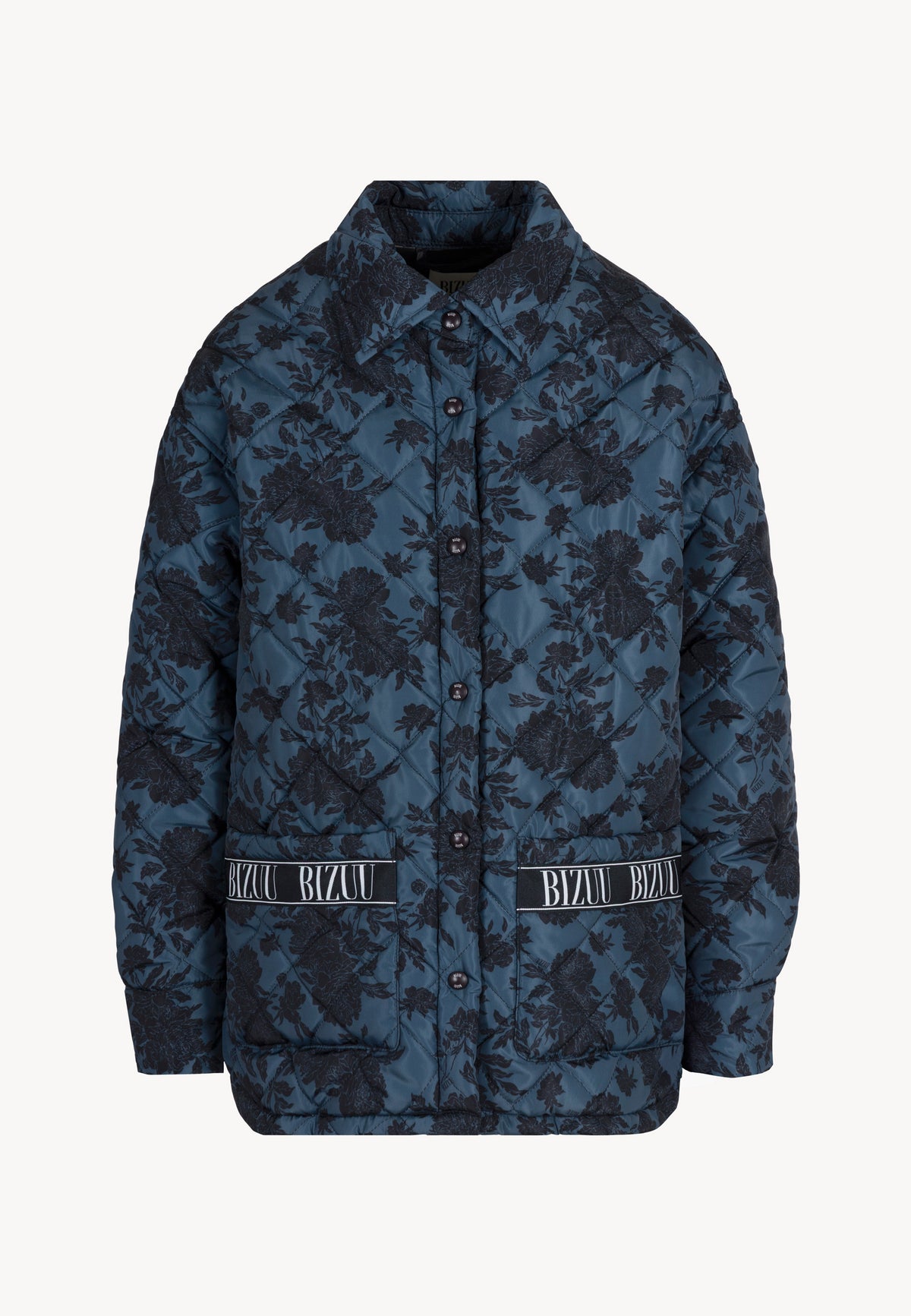 The front of the MARIN quilted jacket with a floral print and logo tape on the pockets.