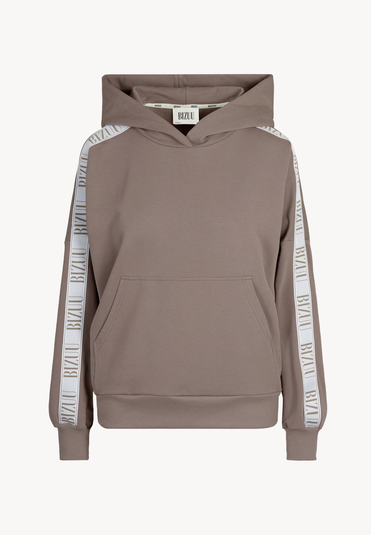 Front of the MAYRA hooded sweatshirt with a lampas on the sleeves.