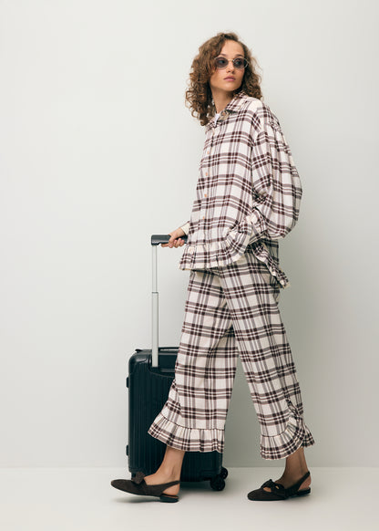 Checkered trousers with a ruffle on the leg MELLA