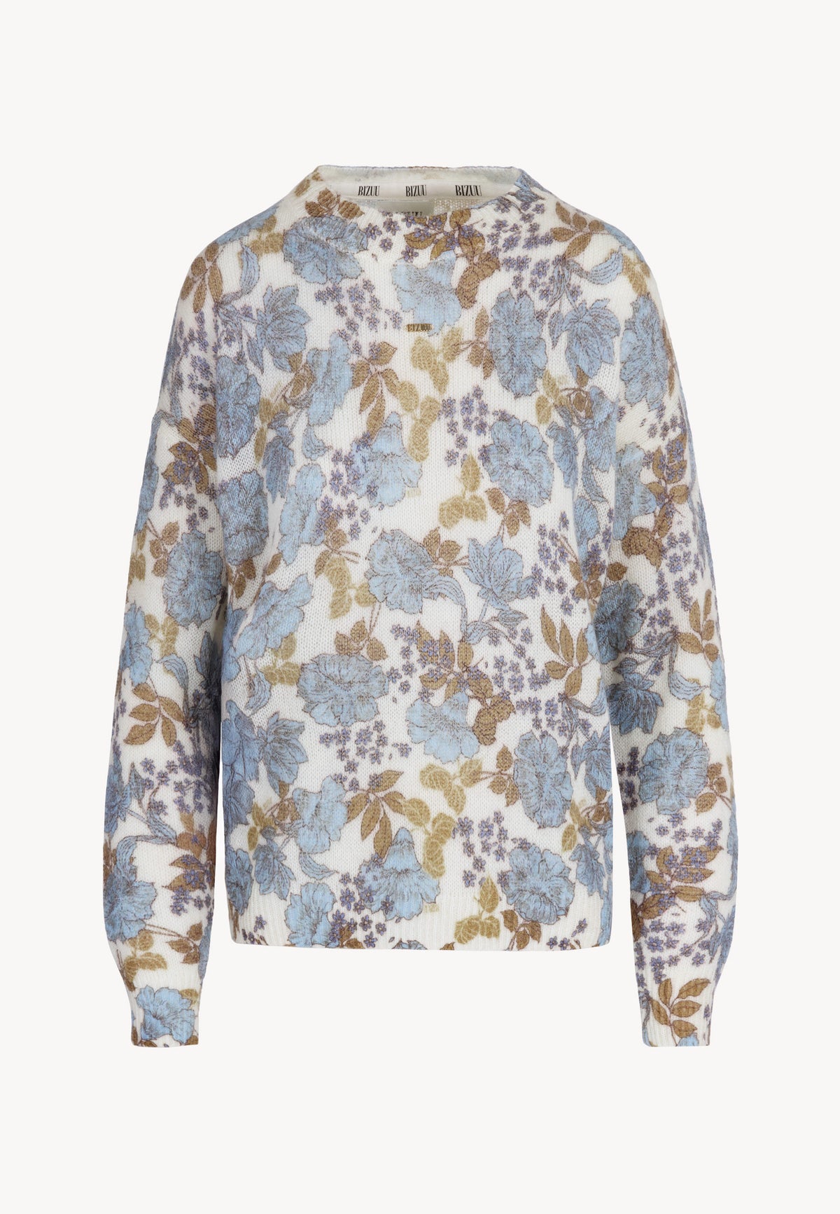 Front view of the wool MENTON sweater with floral pattern.
