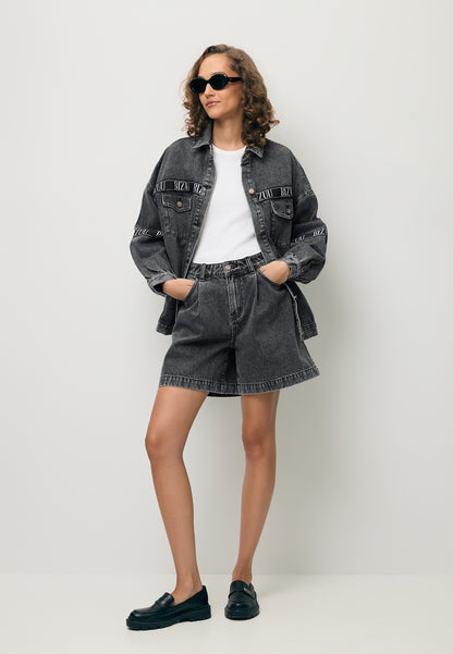 Black MIREYA wide-leg denim shorts with contrast trim