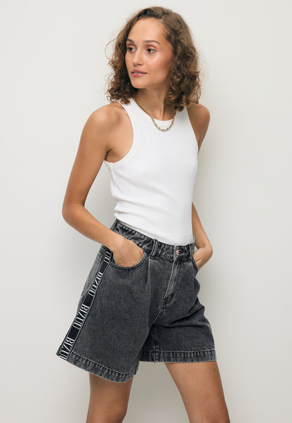 Black MIREYA wide-leg denim shorts with contrast trim