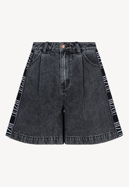Black MIREYA wide-leg denim shorts with contrast trim